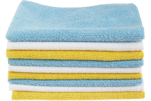 Amazon Basics Microfiber Cleaning Cloths, Non-Abrasive, Reusable and Washable, Pack of 24, Blue/White/Yellow, 16