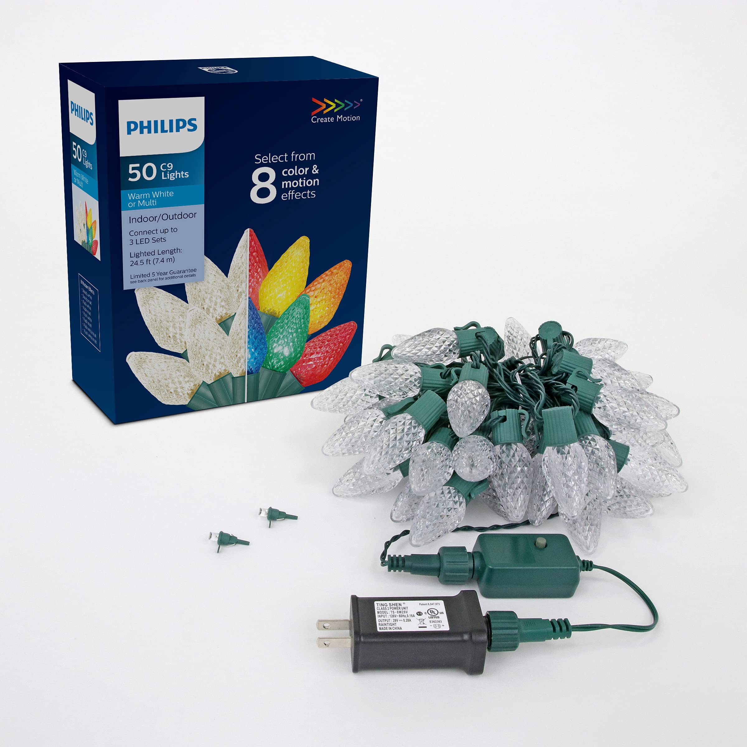 Photo 1 of PHILIPS 50 LED 8 Function Bicolor Faceted C9 Christmas Lights on Green Wire - UL Listed for Indoor/Outdoor Use - 26.83' Total Length with 6" Bulb Spacing - String Lights for Christmas Tree Decorating