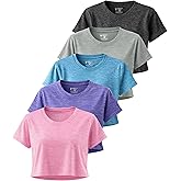 5 Pack Women’s Loose Fit Crop Tops- Dry Fit Athletic Short Sleeve Workout T-Shirts Yoga Running Gym Casual Tees