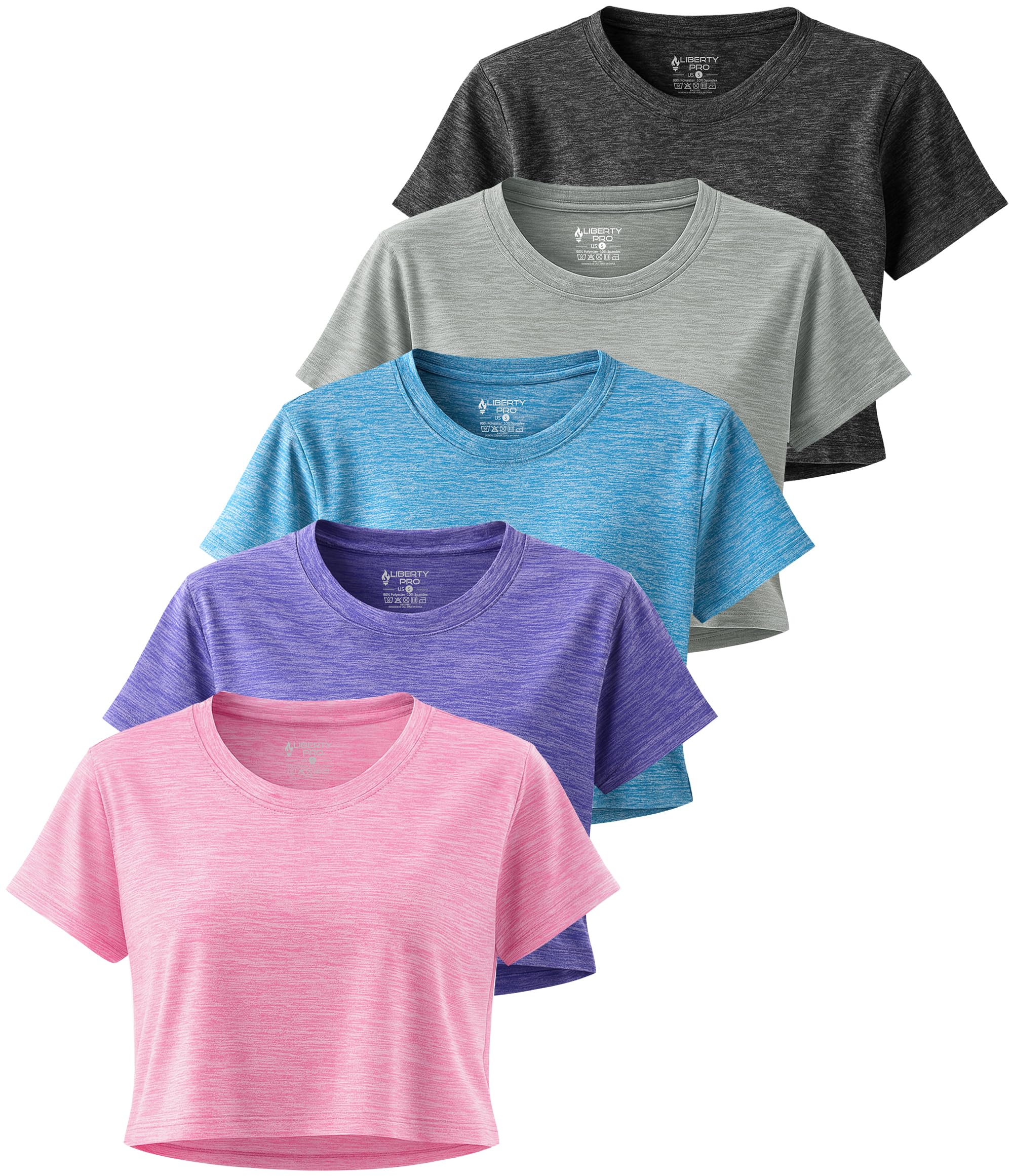 Photo 1 of 5 Pack: Women's Loose Fit Workout Crop Tops, Athletic Short Sleeve Gym T-Shirts Dry Fit Crew Neck Tees (Set 4, Medium)