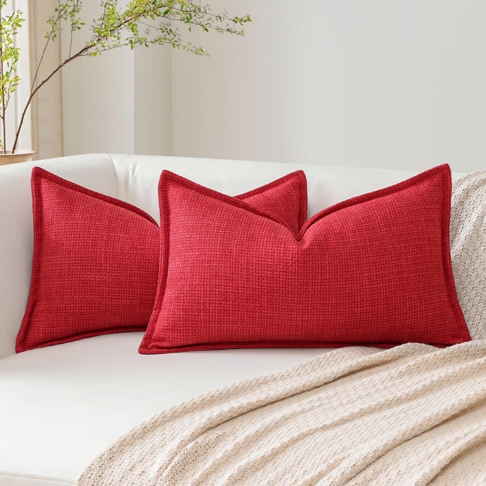 Artscope Pack of 2 Red Decorative Cushion Covers 12x20 Inch Soft Linen Texture Couch Throw Pillows Farmhouse Pillow Covers with Elegant Design for Sofa Bedroom Living Room Home Decor 30 x 50 CM