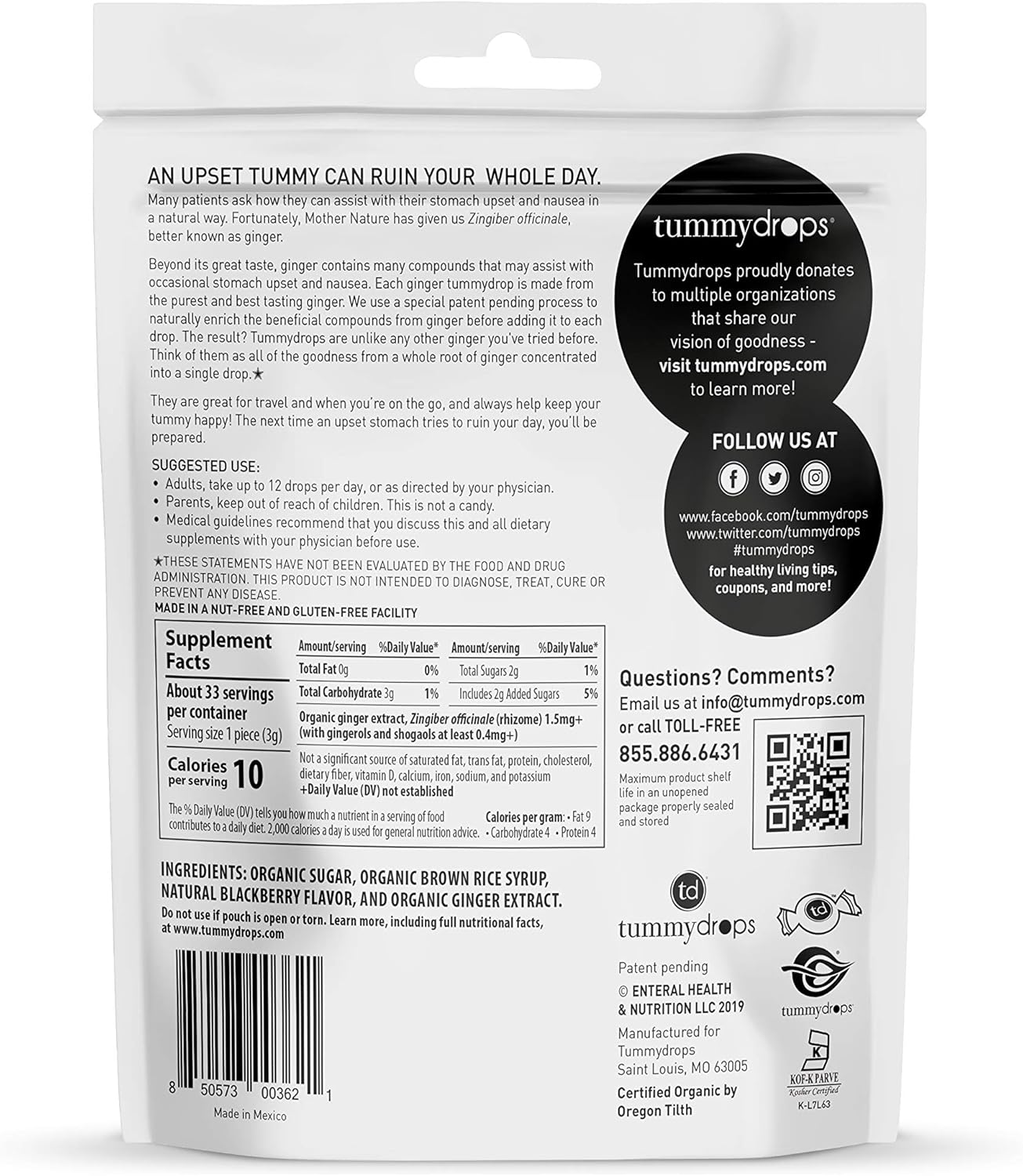 USDA Organic Sweet BlackBerry Ginger Tummydrops (Resealable Bag with 33 Individually Wrapped Drops) Certified by Oregon Tilth Organic, GFCO Gluten-Free, Non-GMO Project, and KOF-K Kosher: Health & Personal Care