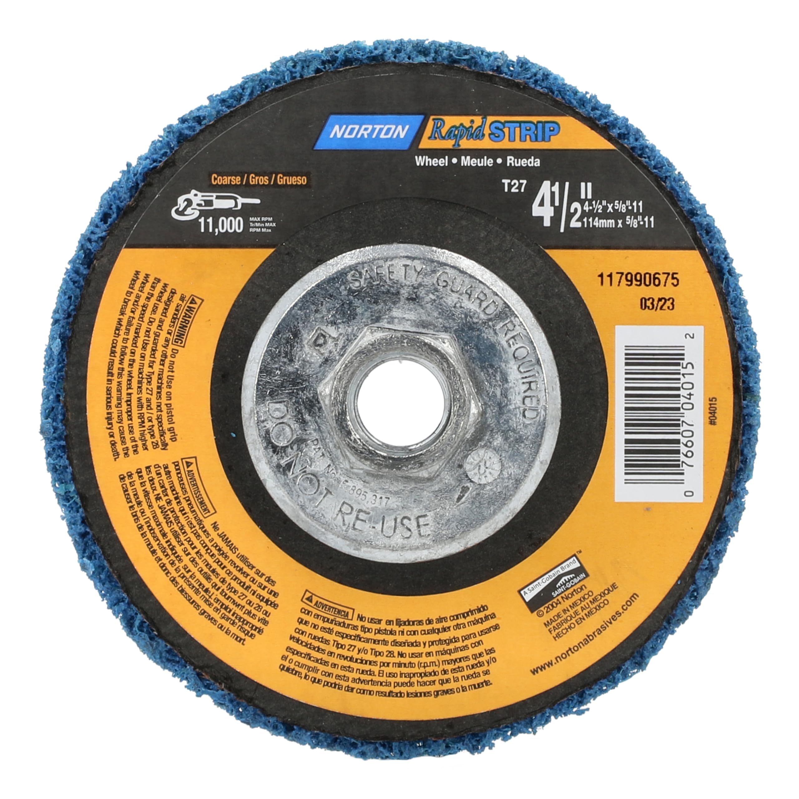 Norton Non-Woven Coarse Aluminum Oxide 24 Grit Rapid Strip Wheel, 4-1/2" Diameter, 5/8"-11 Arbor Hub, For Random Orbital & Rotary Sanders