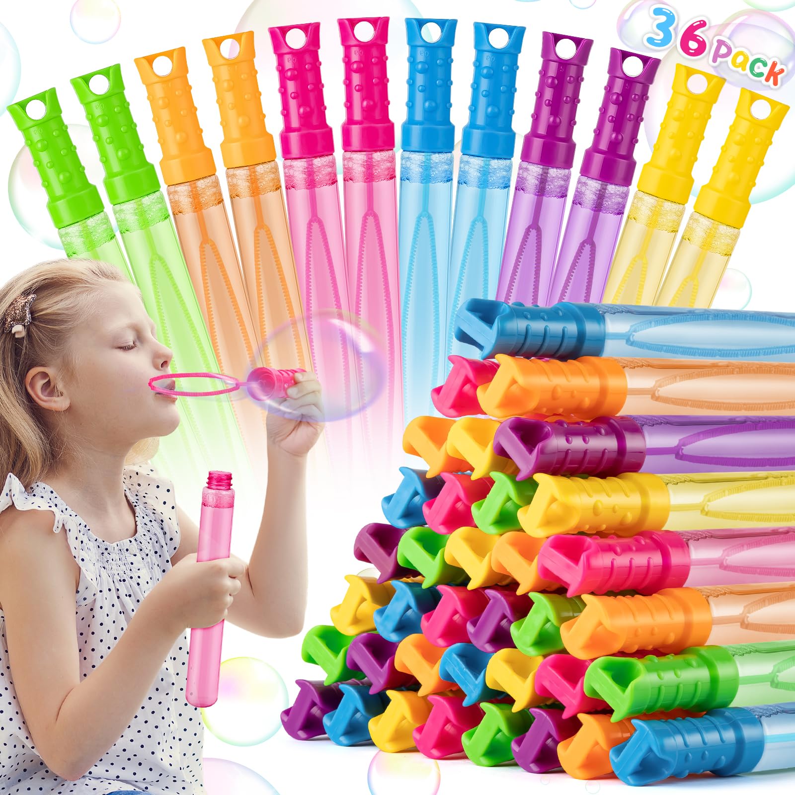 Photo 1 of 36 Pack Big Bubble Wands Bulk in 6 Colors, Ideal for Easter, Summer, Halloween, Valentine, School Classroom Prizes