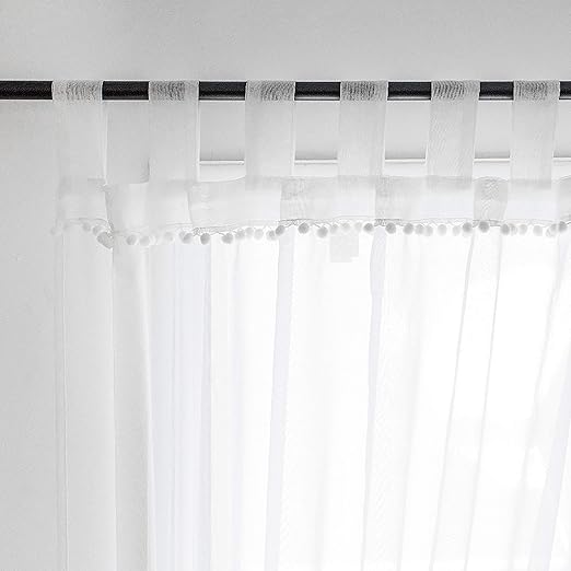 Amazon Com Selectex Linen Look Pom Pom Tasseled Sheer Curtains