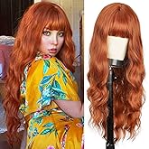 BOGSEA Orange Wig with Bangs Long Wavy Wigs for Women 26 Inch Middle Part Synthetic Heat Resistant Fiber Wigs for Daily Party Use (Auburn/Orange)