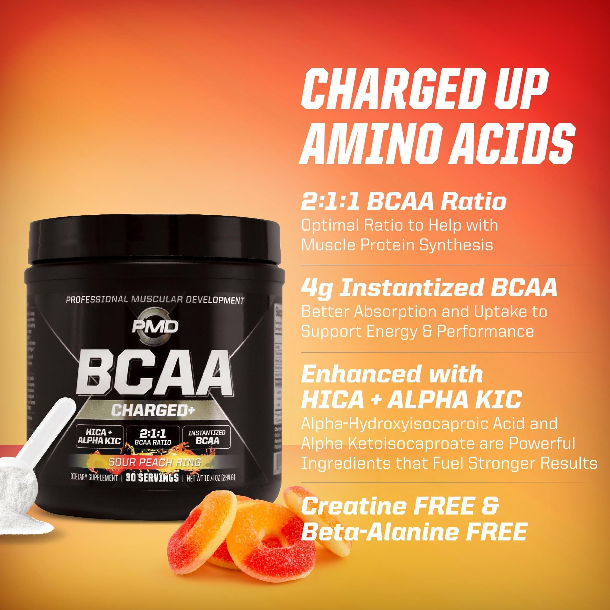 PMD Sports BCAA Charged Delicious Amino Acid Drink Mix for Performance and Recovery - Increase Muscle Function for Workout and Daily Energy - Sour Peach Ring (30 Servings)