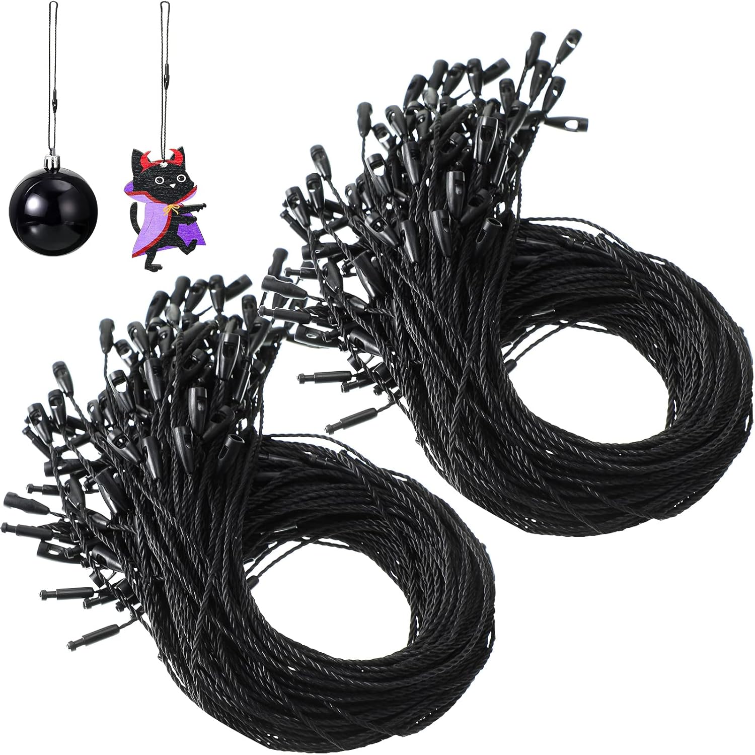 Ornament Hooks - 400 Pieces Ornament Hangers Snap Locking Ropes Hang Tag Ornament Fasteners Precut Hanging Ropes Fasteners for Christmas Halloween Holiday Ornament Decorations (Black)