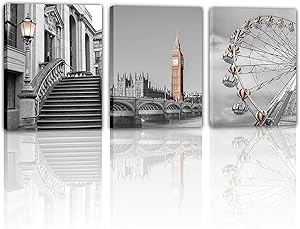 NESS-BEZAL Kitchen Modern Wall Art Living Room Dining Room Decor Modern Architecture Canvas Prints City Building Pictures Framed Posters Contemporary Artwork Paintings Office Bedroom