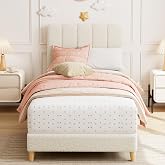GarveeHome Twin Bed Frame, Platform Bed with Headboard for Kids | Upholstered Bed Frame, Easy Assembly, Wooden Slats Support, No Box Spring Needed, Beige