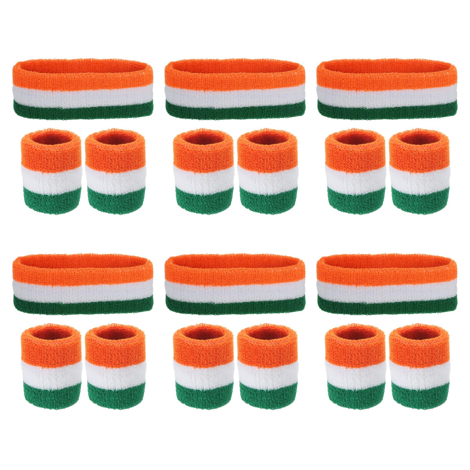 PATIKIL Sweatbands Headband Wristband, 6 Set/18Pcs Sweatband Terry Cloth for Sports Basketball Tennis Athletic Gym Working Out, Green, White, Orange