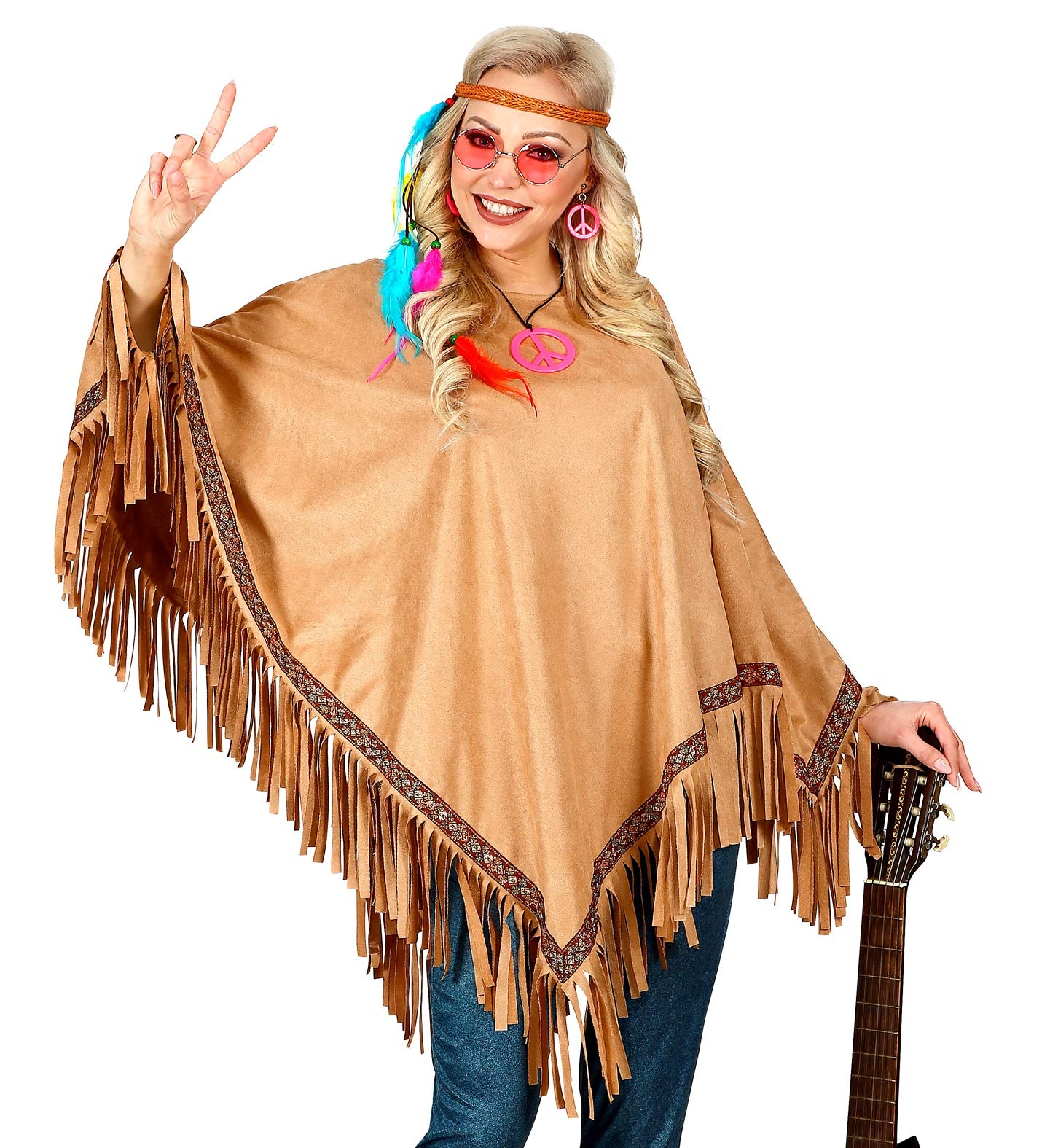 shoperama Light Brown Unisex Suede Look Fringe Poncho for Hippie Indian Goucho