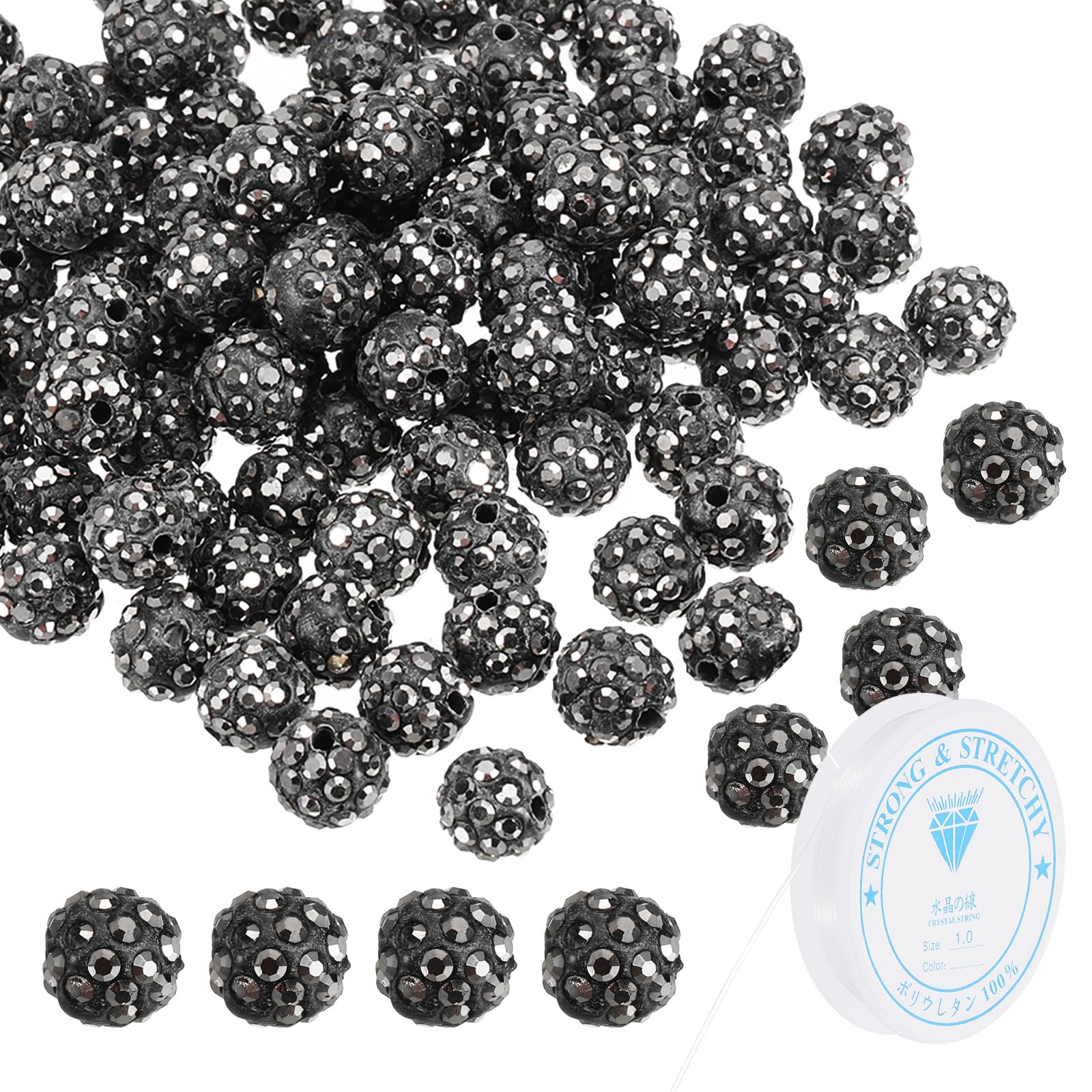 PATIKIL 10mm Rhinestone Clay Beads for Jewelry Making, 120 Pack Round Ball Polymer Clay Crystal Charm Beads with Elastic String for Craft Decor Necklace Chain Bracelets DIY, Dark Black
