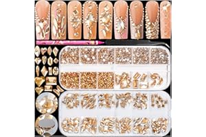 Haozher 2420pcs Gold Rhinestones for Nails, Round Flatback Champagne Rhinestones Gold Nail Charms for Nails+120 Pcs 3D Multi Shapes Glass Crystal Diamond Nail Gems for Acrylic Decoration