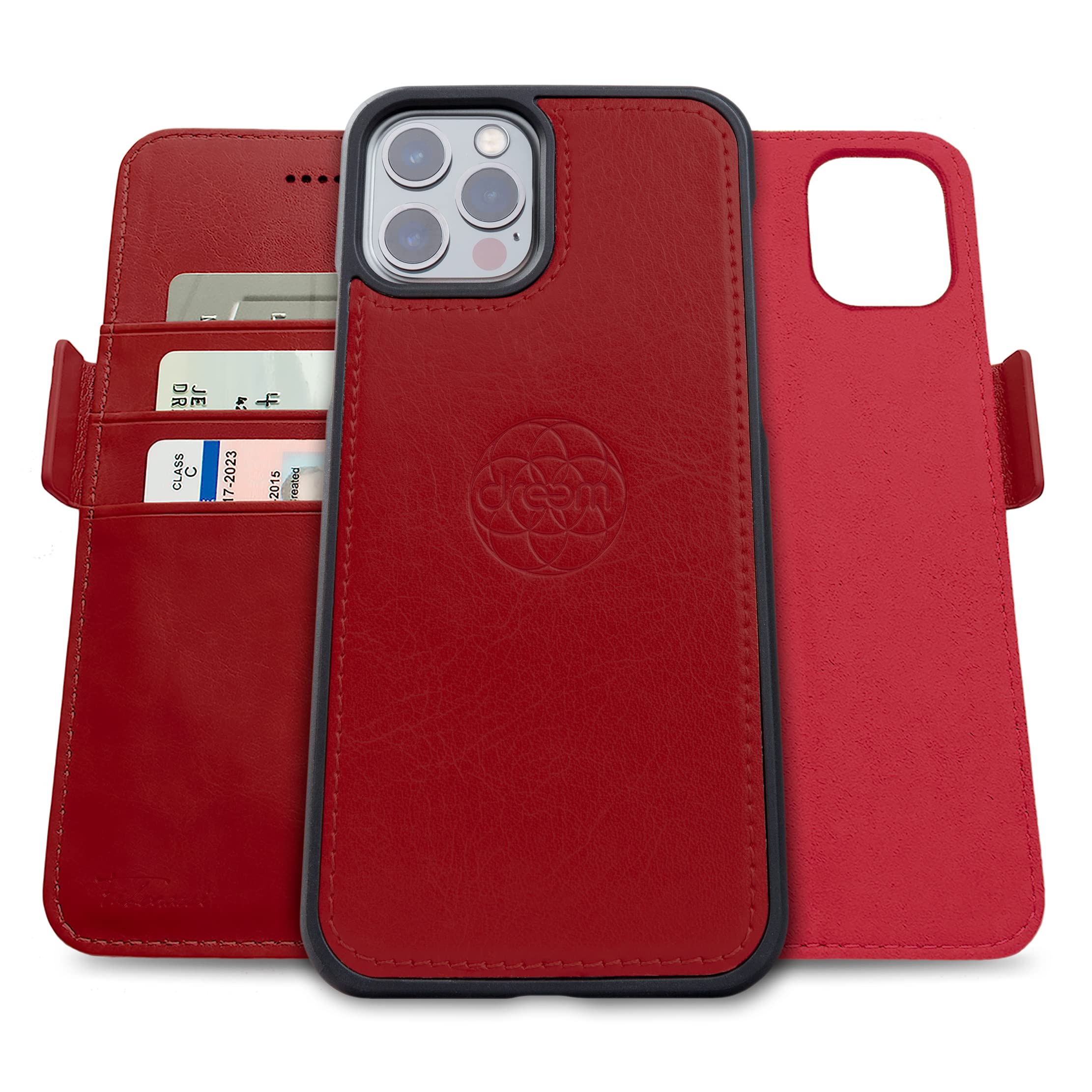 dreem Fibonacci 2-in-1 Wallet Case for Apple iPhone 12 & 12 Pro - Luxury Vegan Leather, Magnetic Detachable Shockproof Phone Case, RFID Card Protection, 2-Way Flip Stand - Red — image 1