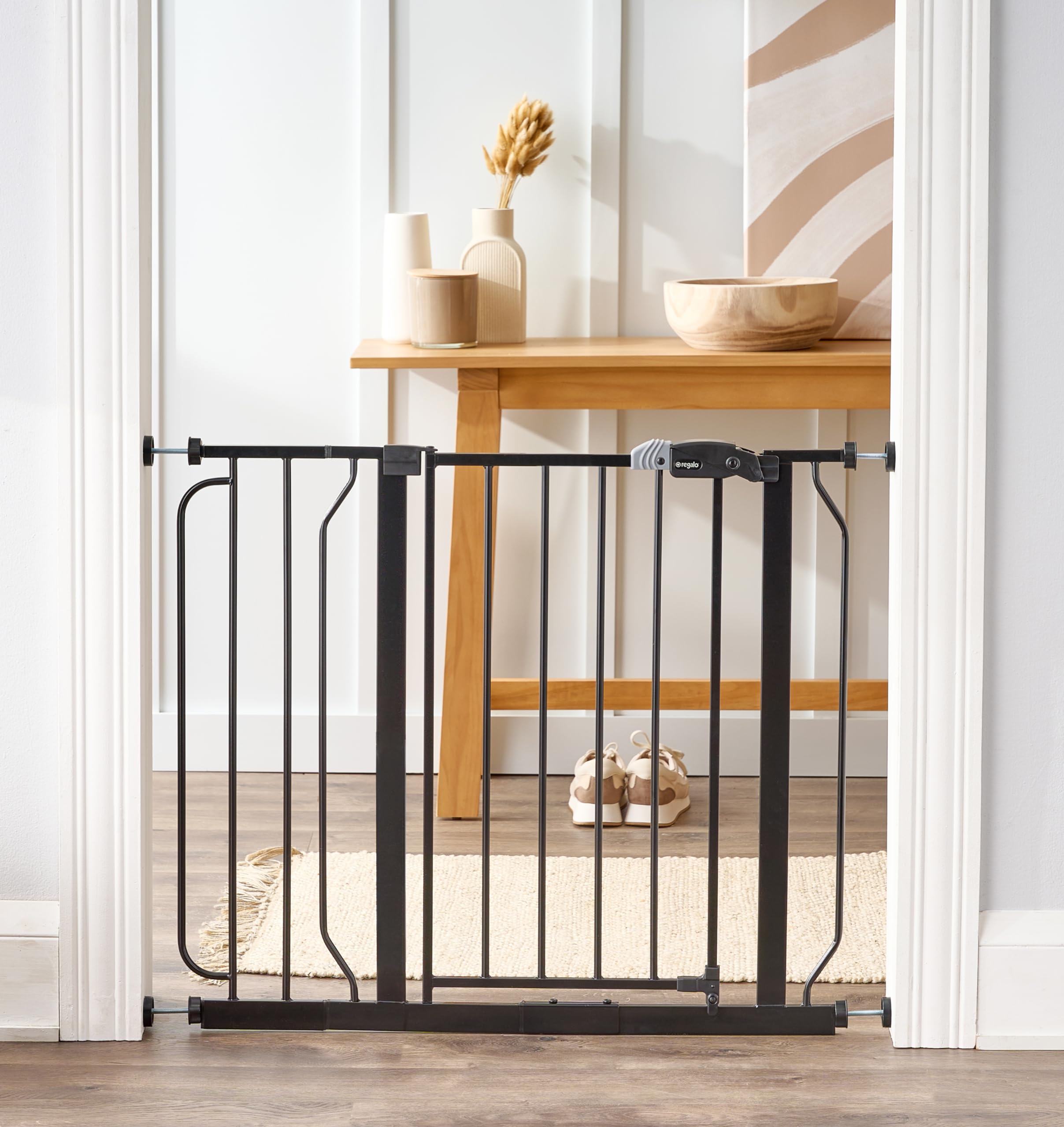 Regalo Safety 38.5 Inch Extra Wide Baby Gate for Doorways & Bottom of Stairs, Pressure Mount Safety Gate for Babies, Toddlers & Pets, Tested & Safe, American Designed, Family Owned, Black
