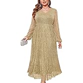 ZOMVA Plus Size 0X-4X Sparkly Mesh Maxi Formal Dress Long Sleeves V Neck A-line Flowy Dress Evening Gown Cocktail Formal
