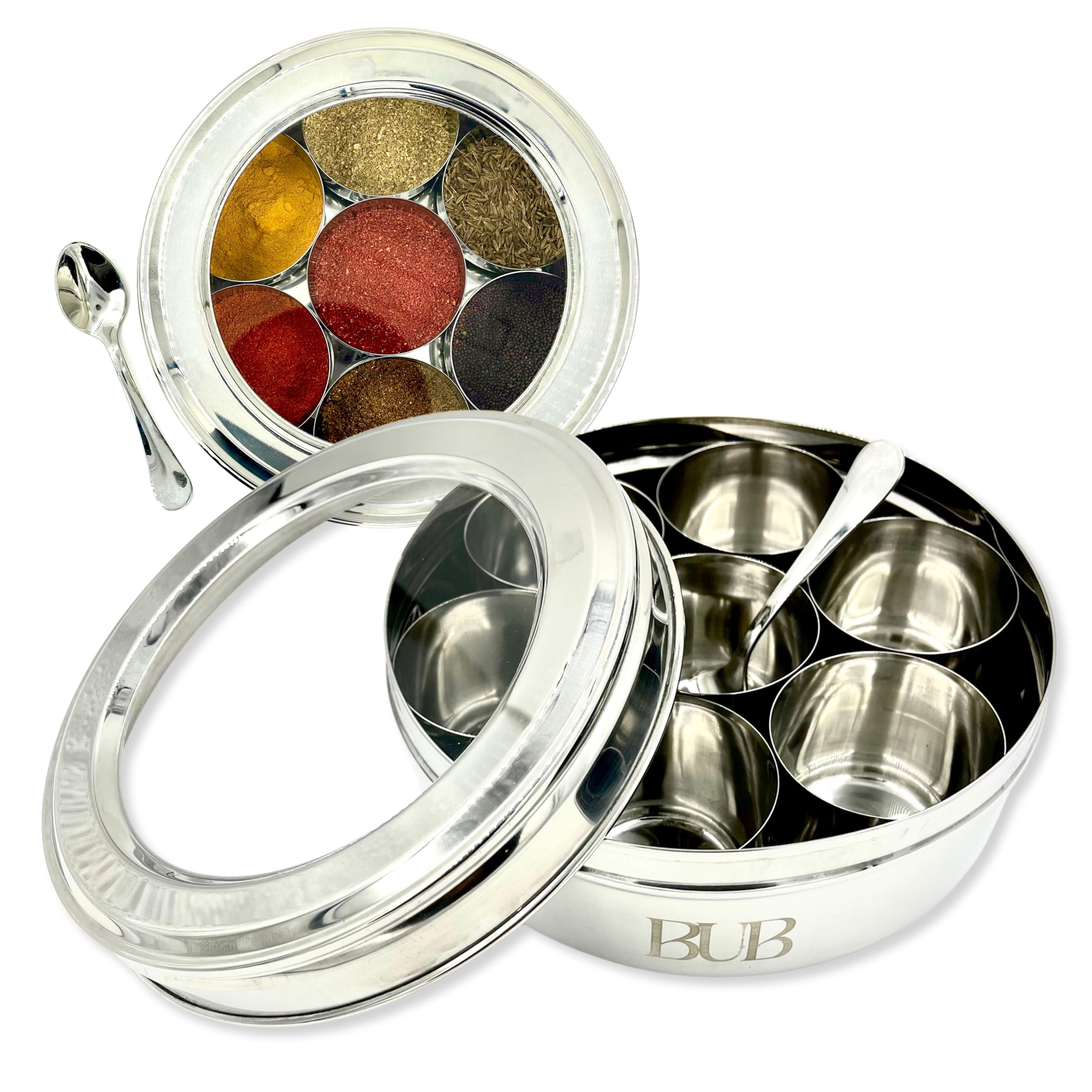 Bub Spice Tin – Masala Dabba 18.5cm - Polished Stainless Steel with clear lid - 7 individual pots & serving spoon - spice storage (SPICETIN7) — image 1