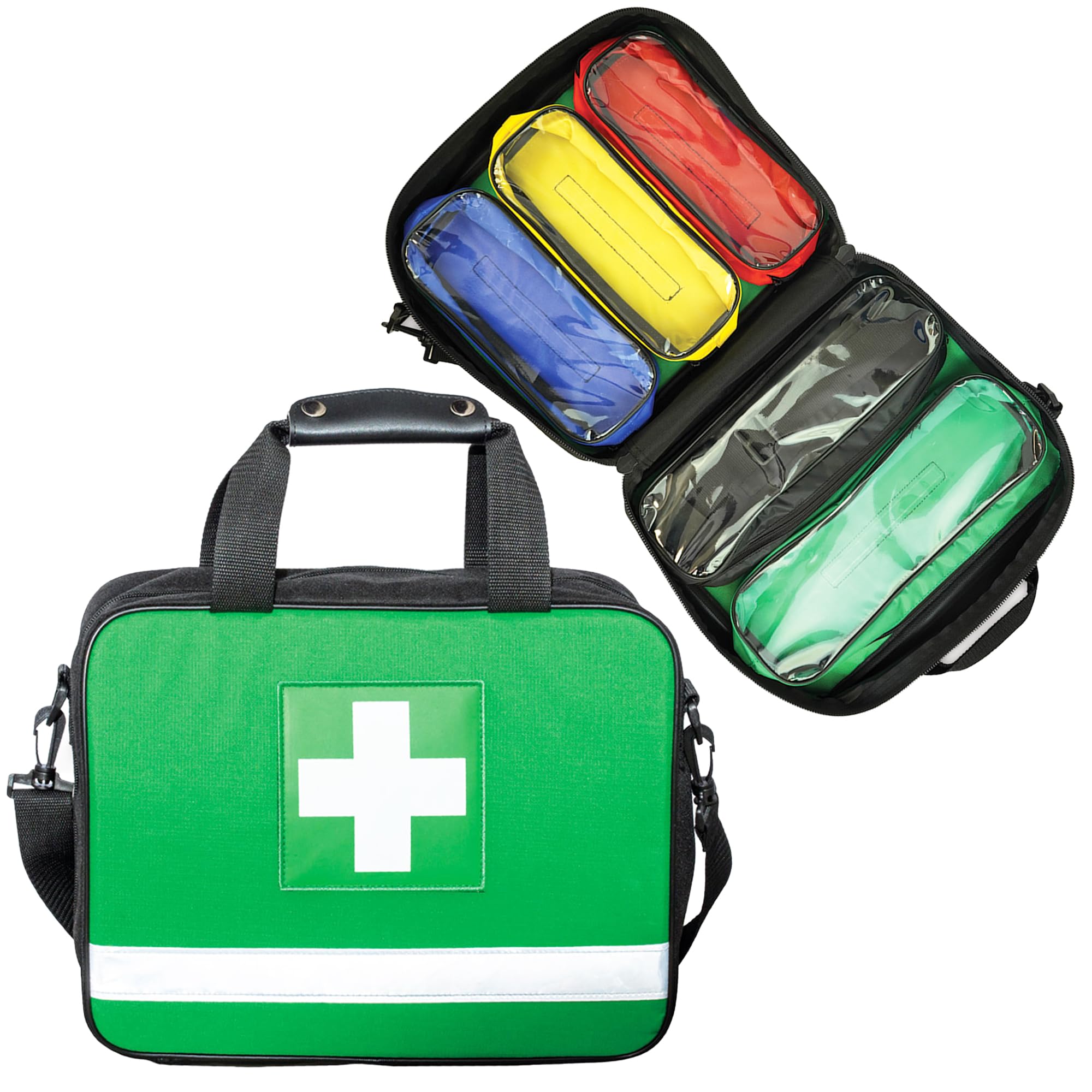 Empty Green Shoulder First Aid Bag With Removable Colour-Coded Compartments