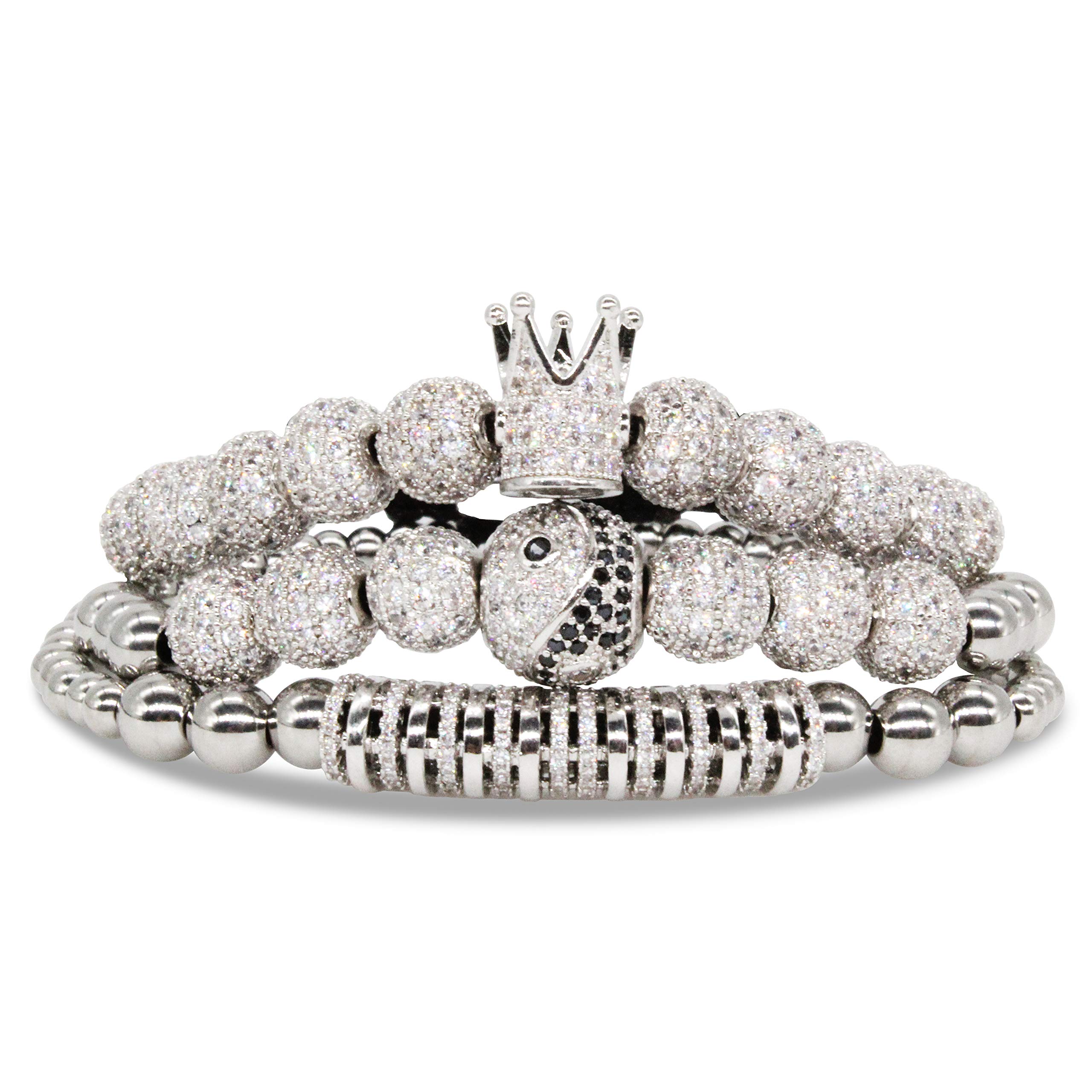 Cutenation Imperial Crown King 18K Gold CZ Beads Bracelet Luxury Charm Fashion Bangle for Men Women (D Silver)