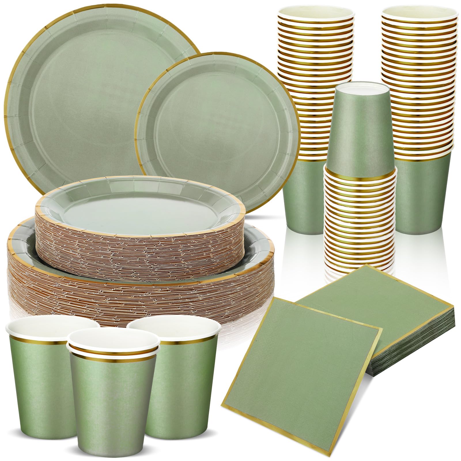 Photo 1 of Dandat Sage Green Dinnerware Set - 200 Pcs, Party Supplies Including 50 7'' & 9'' Paper Plates, 50 Paper Cups & Napkins for Baby Shower, Wedding & More (Gold Rim)