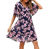 Manydress Women's Chiffon Floral Print V Neck Casual Mini Boho Ruffle Swing Dress MY068