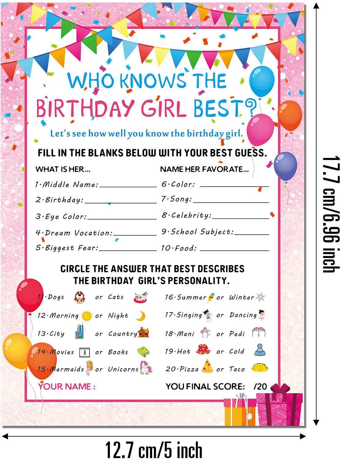 SKYLETY 50 Pieces Who Knows The Birthday Girl Best Game Cards Girl Birthday Party Activity Notebook Themed Party Decorations Kids Birthday Party Games - Image 3