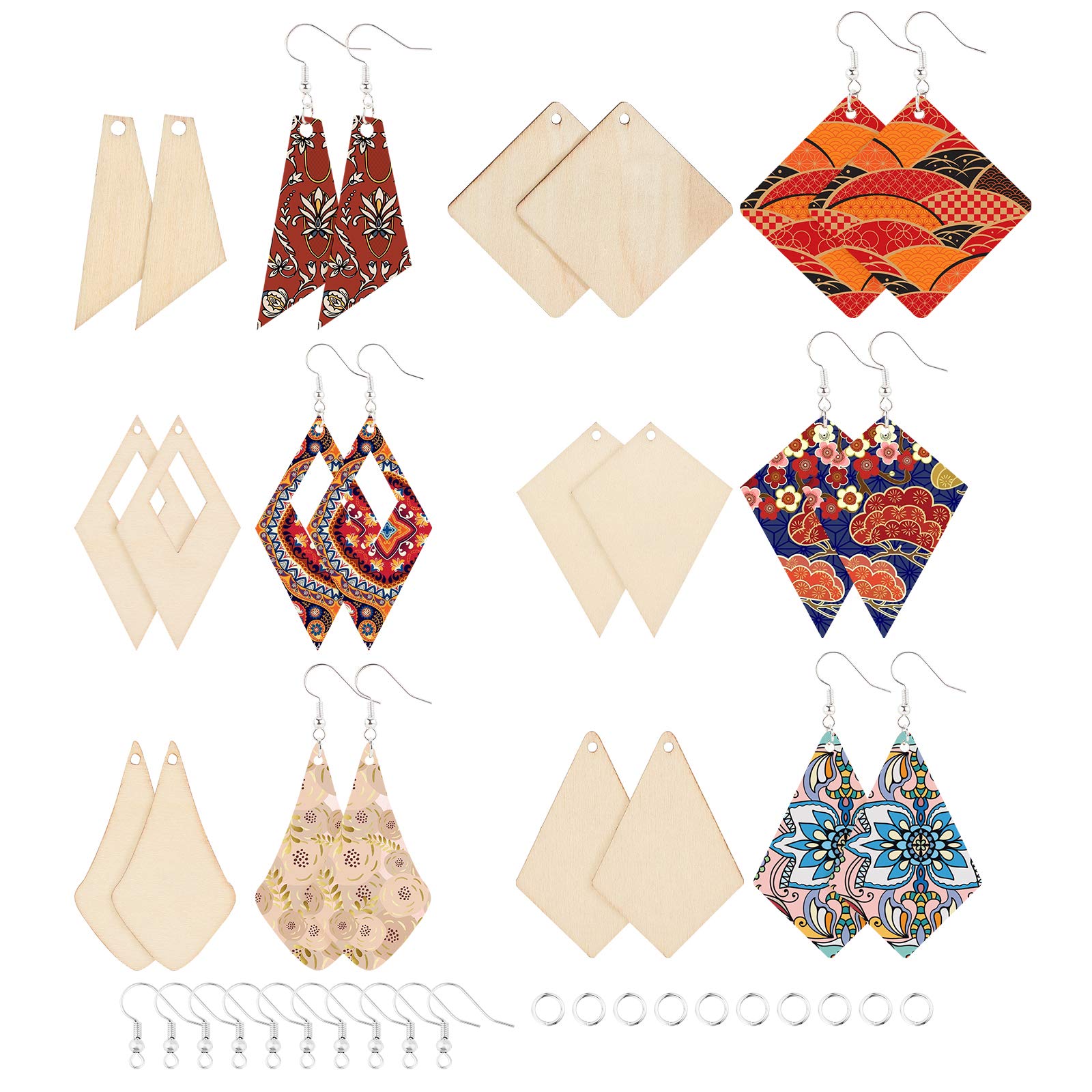 PH PandaHall 60pcs 6 Style Unfinished Wooden Earrings, Wood Blank Dangle Earring Kit Natural Rhombus Wooden Drop Earrings with 60 pieces Hooks 60pcs Jump Rings for DIY Crafts Earring Christmas Jewelry