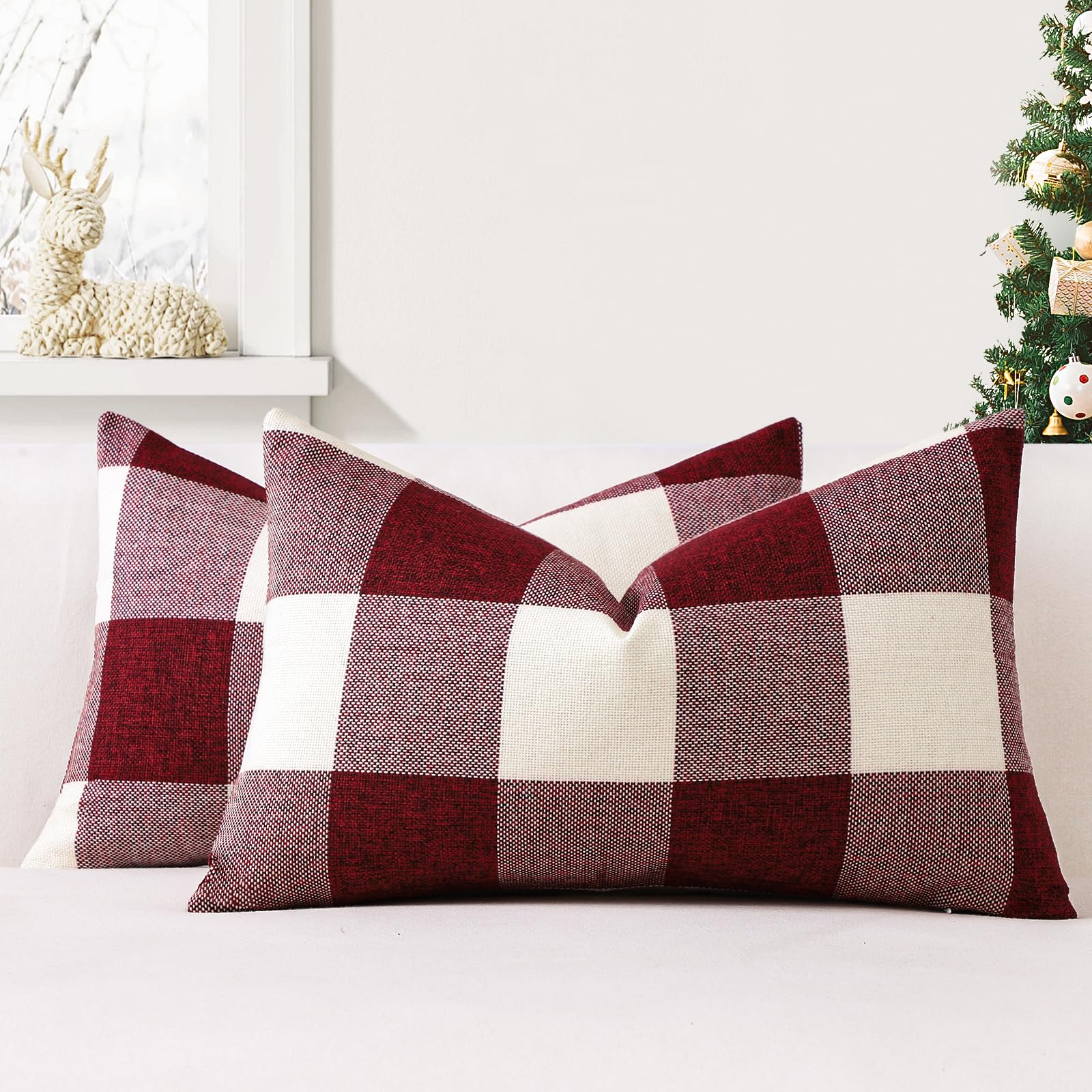 JOTOM Set of 2 Classic Plaids Cushion Covers 30x50 cm Farmhouse Buffalo Check Soft solid Decorative Throw Pillow Covers Home Decor Outdoor Cushion Case for Sofa Bedroom (Red)