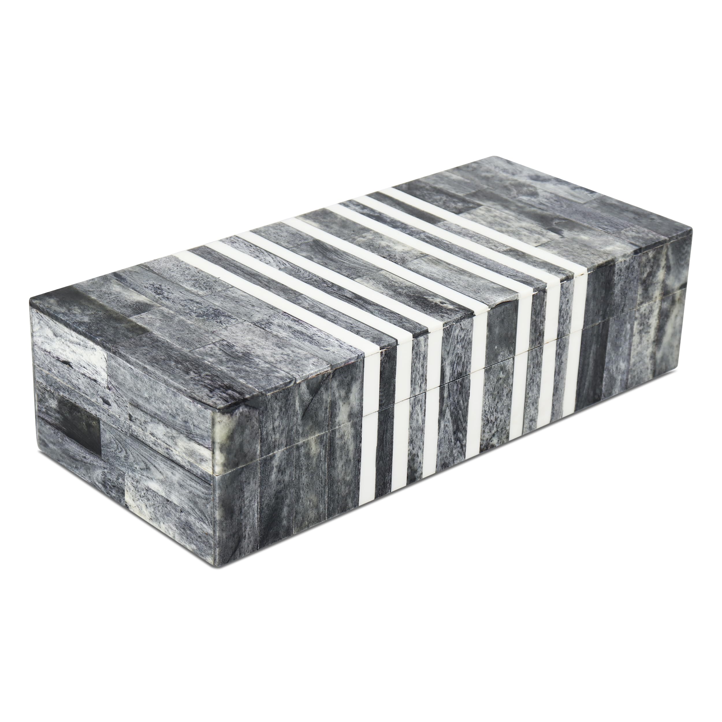 Handicrafts Home Decorative Storage Box with Lid, Patisserie Cafe Stripe Pattern Coffee Table Storage Box Organizer, Wooden Keepsake Jewelry Box, Kitchen Counter Console Box, Grey & White, 10x4.5x2.5