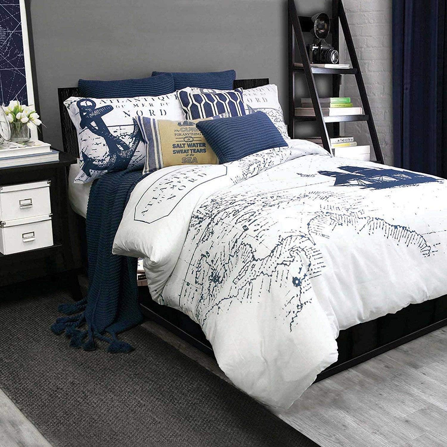 Alamode Home Shelburne Queen Full Duvet Cover Set, Navy White Nautical
