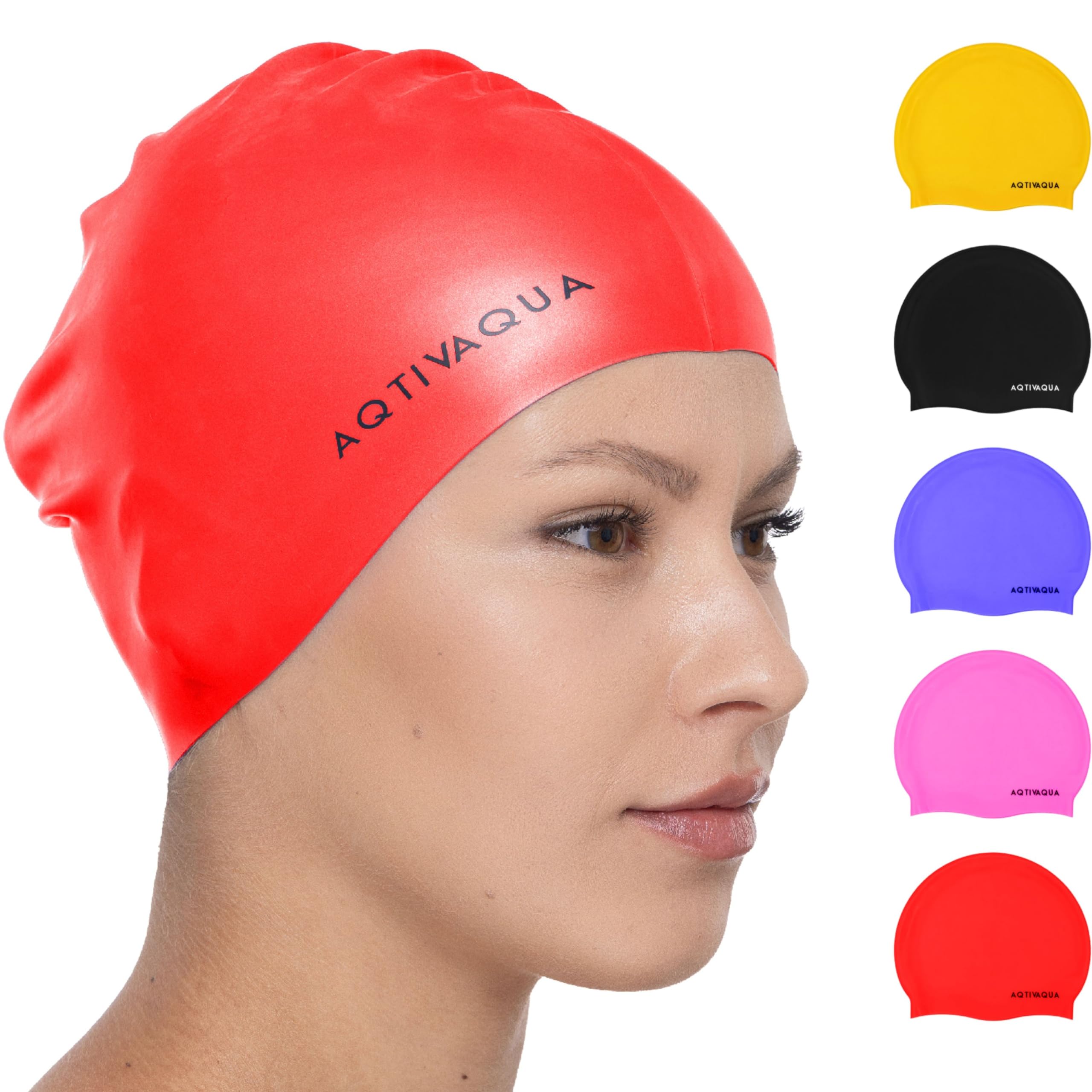 AqtivAqua Swim Cap for Women Swimming Cap for Men Adult Kids 6-14 Girls Boys Youth Hat (Red color, Adult size)