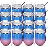 MEWAY 12oz/16 Pack Wine Tumbler Glasses with Lid - Stemless Double Wall Vacuum Stainless Steel Glitter Tumbler - Keeping Cold & Hot Cup for Coffee,for Women(Gradient Pink,Set of 16)
