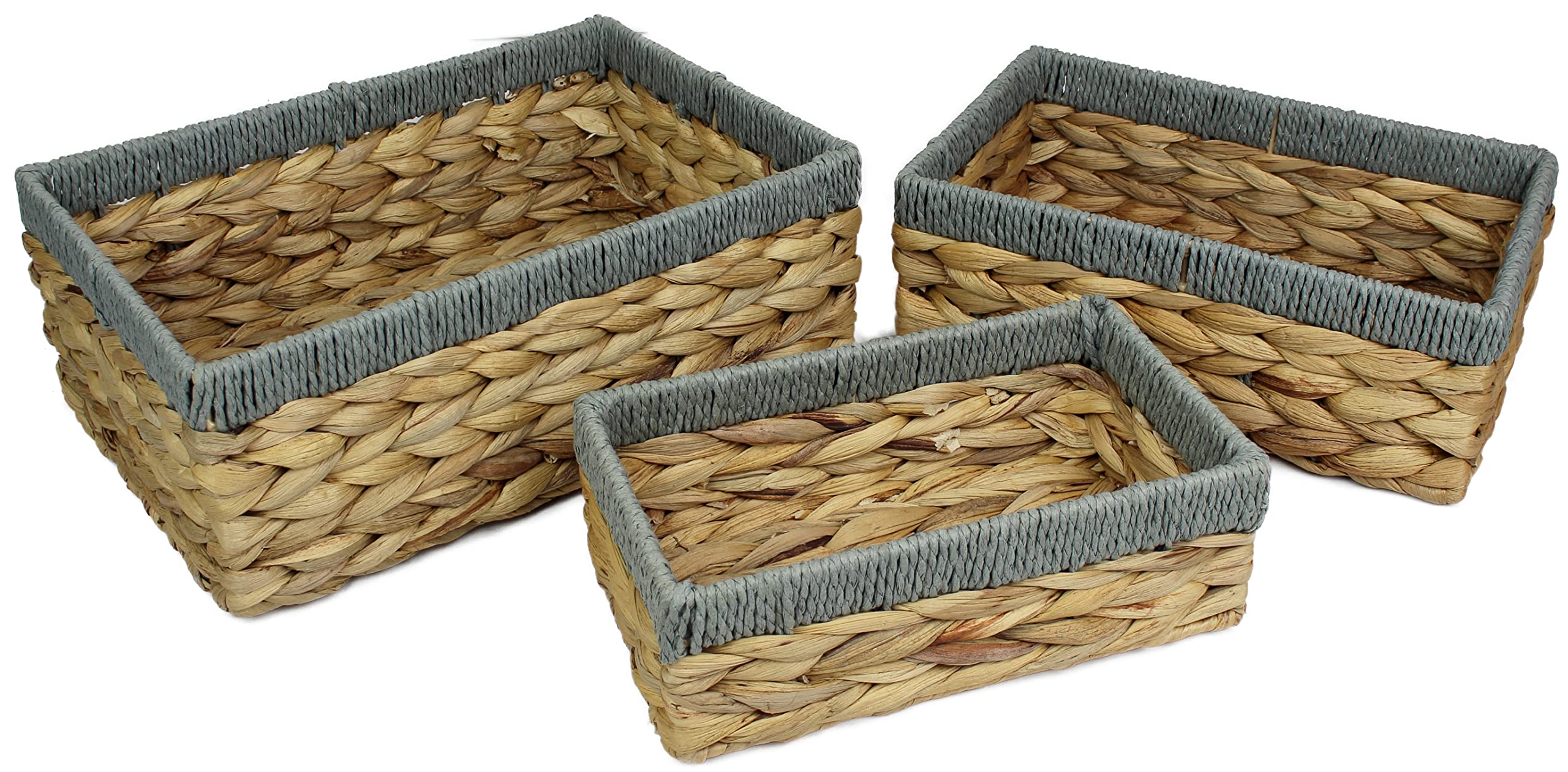 Rectangular Water Hyacinth Small baskets for storage Natural and Grey wicker basket shelves Decorative gift box Small bathroom mini tray makeup bathroom Kitchen organiser (Set of Three, 1x Basket)