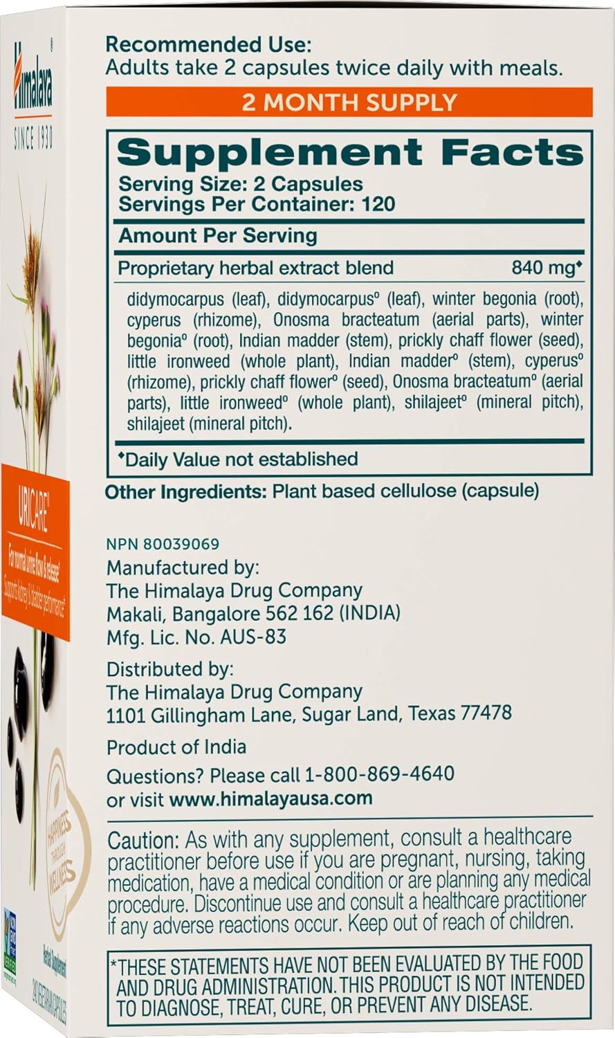 Himalaya UriCare/Cystone for Caffeine-Free, Kidney and Urinary Tract Support for Men and Women, 840 mg, 240 Capsules, 2 Month Supply: Health & Personal Care