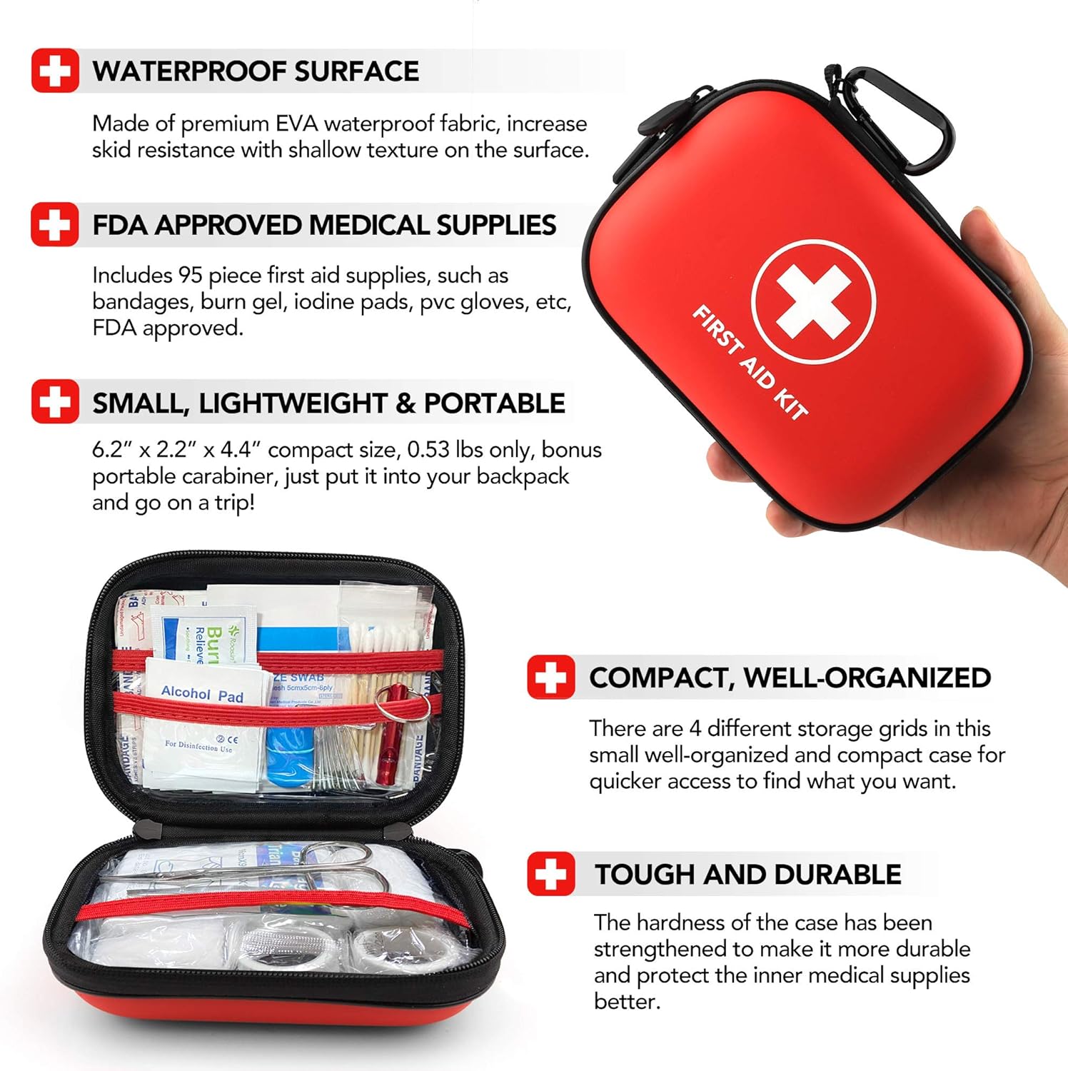 Mini First Aid Kit, 100 Pieces Small Water-Resistant Hard Shell Case - Perfect for Travel, Outdoor, Home, Office, Camping, Hiking, Car (Red): Health & Personal Care