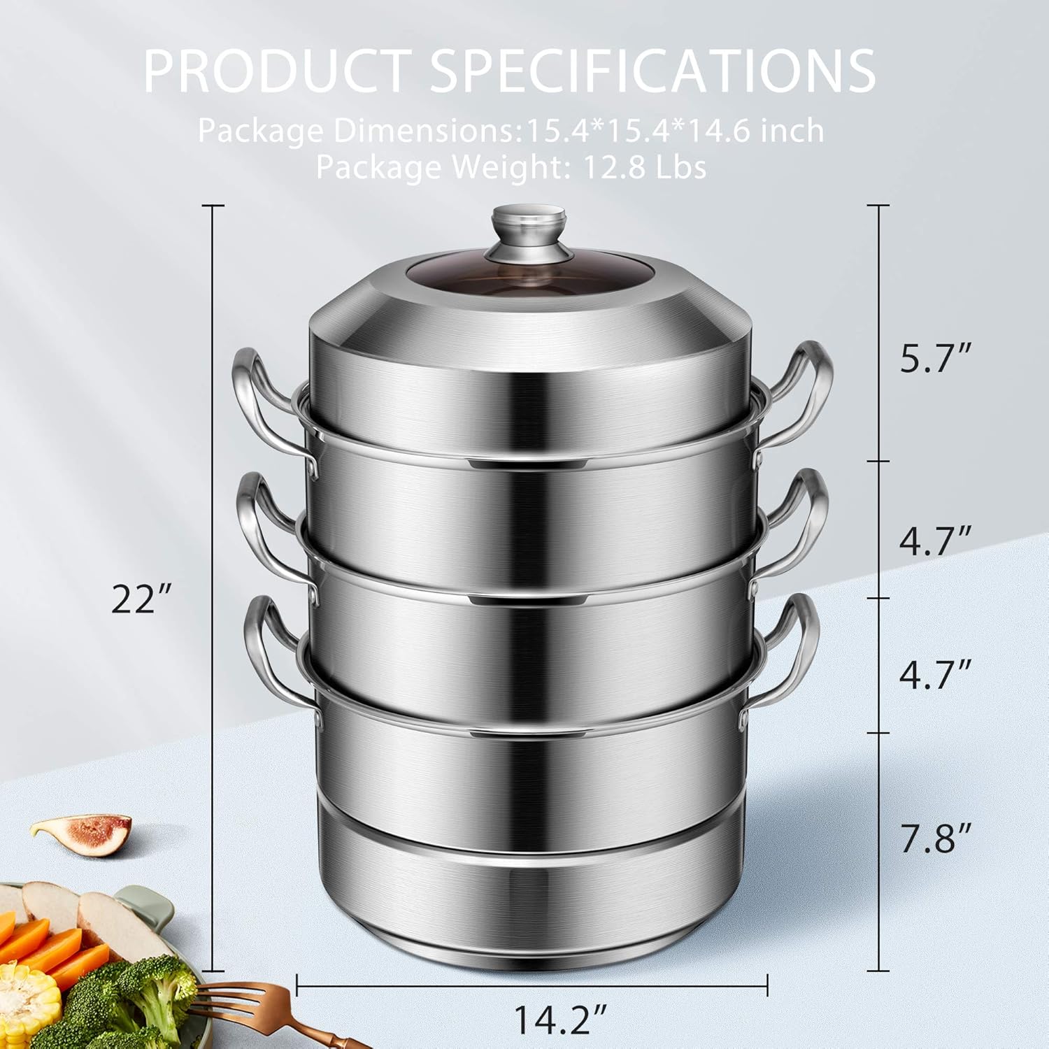 VIVOHOME 3-Tier 14.2 Inch 1mm Extra Thick 13Qt 304 Stainless Steel Steamer Pot Steaming Cookware with Tempered Glass Lid, Work with Gas, Electric, Induction Oven, Grill Stove Top, Dishwasher Safe: Kitchen & Dining
