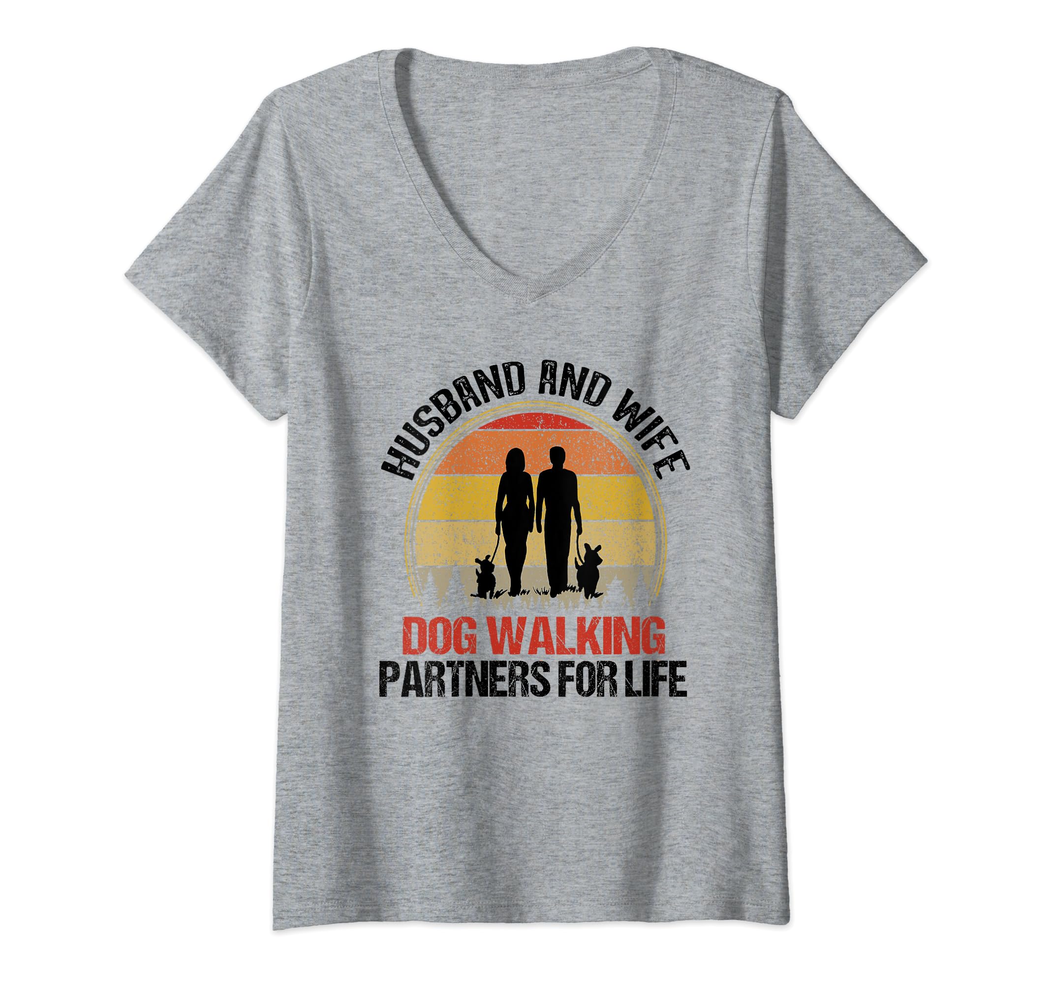 Husband & Wife Dog Walking Partners For Life Couple Dog Walk V-Neck T-Shirt
