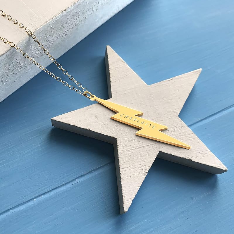 Personalised Gold Vertical Lightning Bolt Necklace Handmade