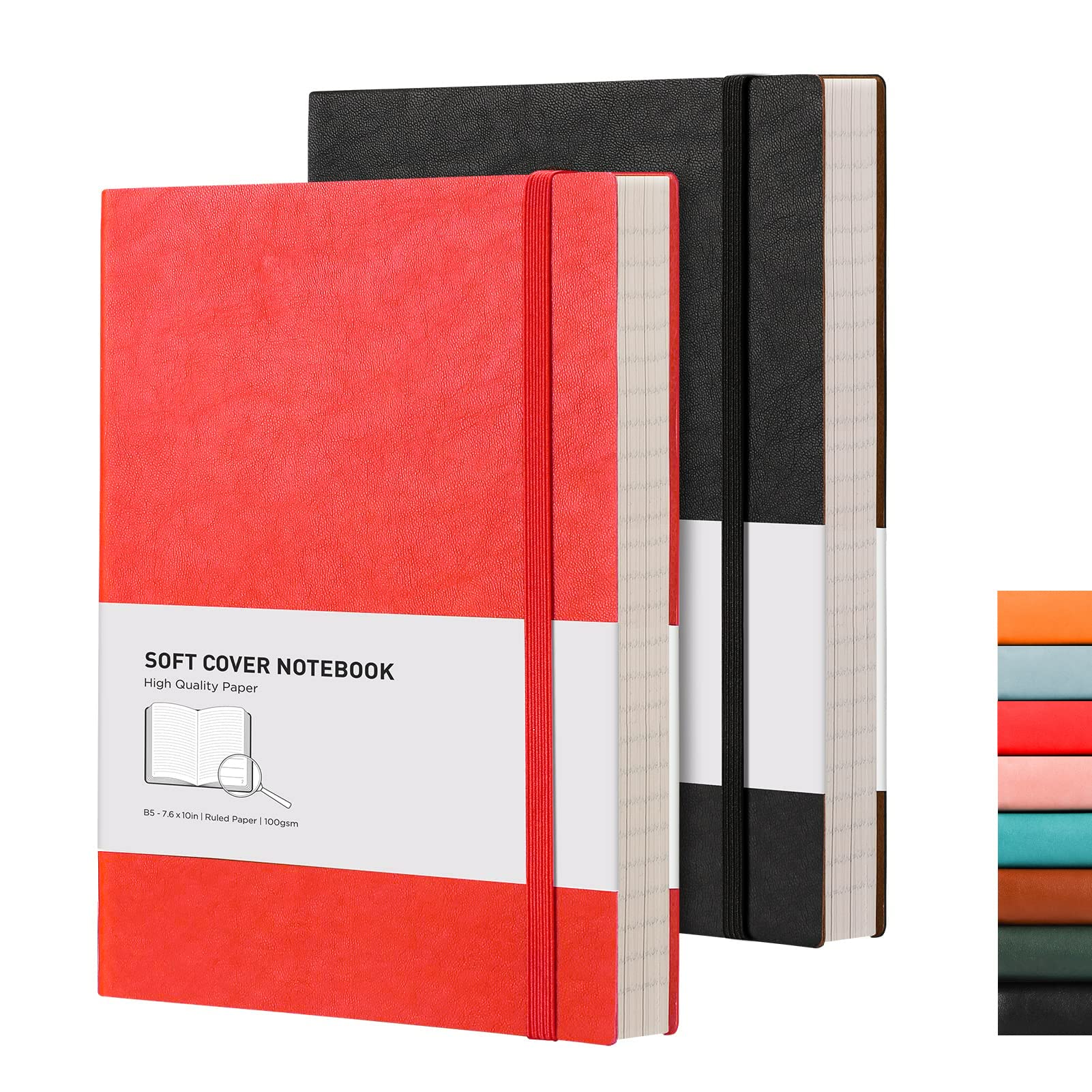 RETTACY B5 College Ruled Notebook 2 Pack - Softcover Composition Notebooks 408 Numbered Pages for Writing, 100gsm Lined Paper, for Women Men Work School, 19 x 25 cm - Black Red