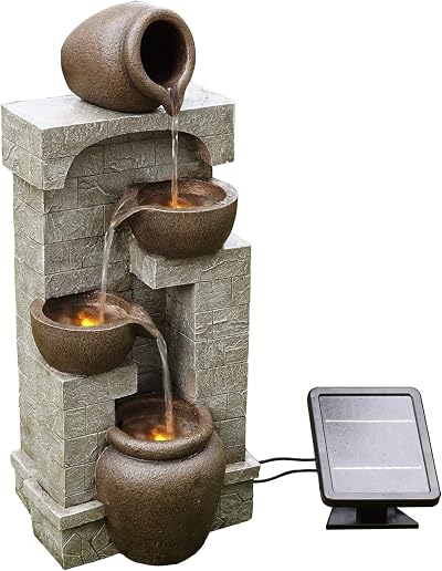 Teamson Home Solar Powered Water Feature 4 Tier Pot Fountain with LED Lights