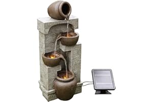 Teamson Home 28 in. Cascading Bowls and Stacked Stones LED Outdoor Water Fountain for Outdoor Living Spaces to Create a Calming Oasis in Gardens and Landscaping, on Patios, Balconies, Lawns, Brown