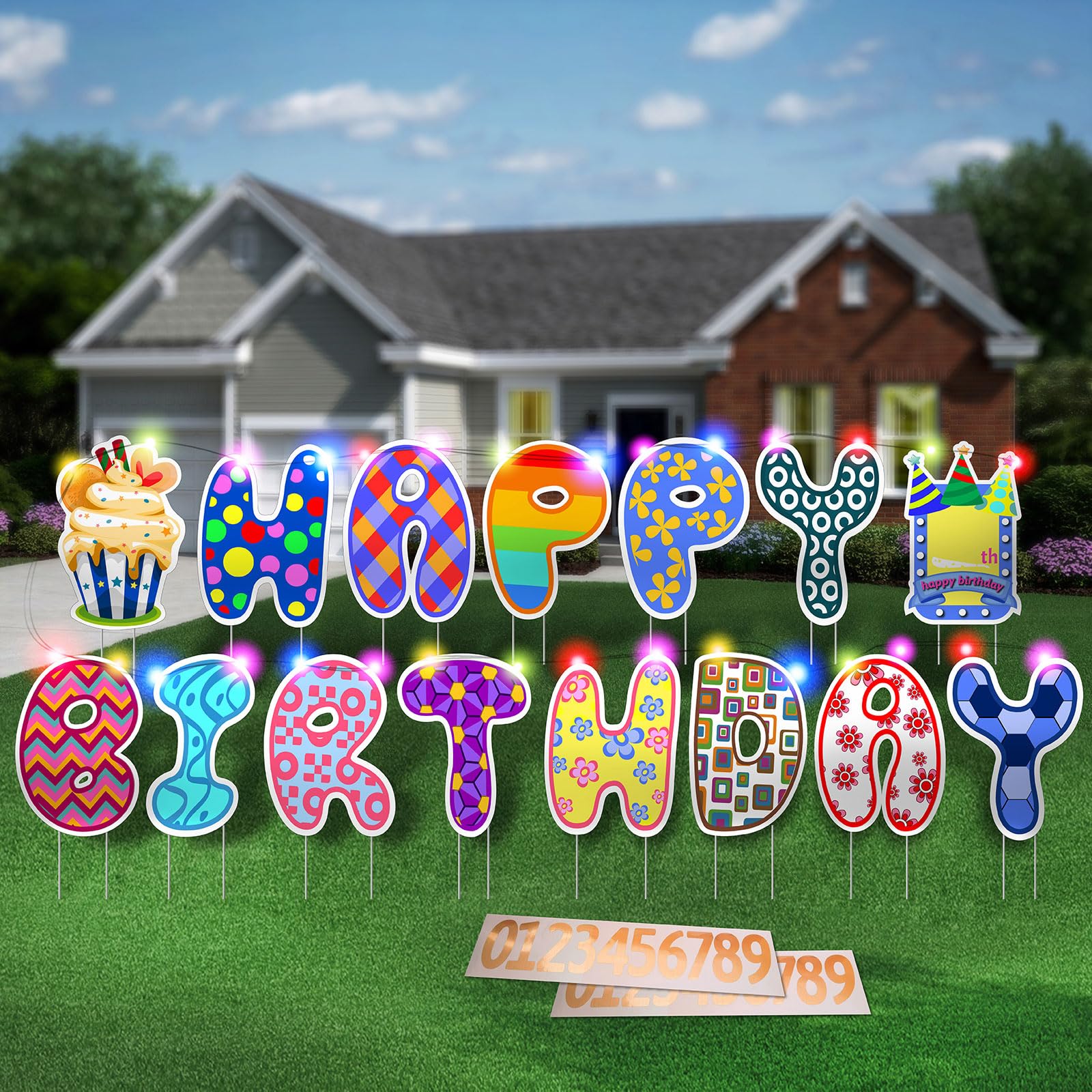 Photo 1 of Happy Birthday Yard Sign with Stakes - 15.4 Inch Lawn Sign with 20 Pcs Number Stickers and 19 ft LED Lights, Outdoor Birthday Decoration Party Supplies