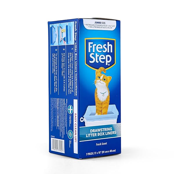 FRESH STEP JUMBO DRAWSTRING CAT LITTER BOX LINERS, SCENTED HEAVY DUTY KITTY LITTER BAGS FOR X-LARGE OVAL OR RECTANGLE PANS, HELPS CONTAIN MESS FOR EASY LIFT OUT CLEANUP, 36 X 19 IN, 7 COUNT