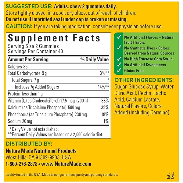 NATURE MADE CALCIUM GUMMIES 500 MG PER SERVING WITH VITAMIN D3, DIETARY SUPPLEMENT FOR BONE SUPPORT, 80 GUMMIES, 40 DAY SUPPLY