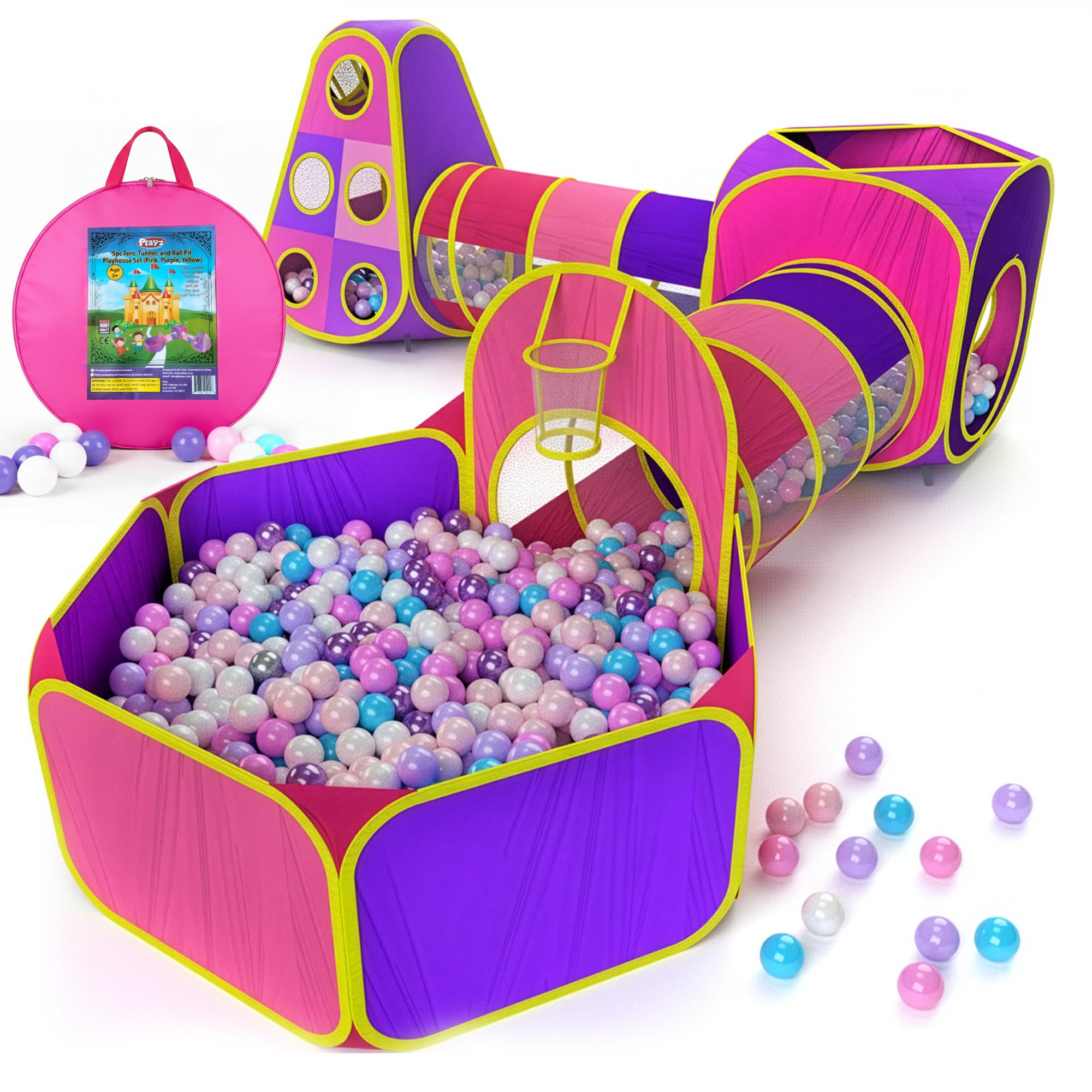 Playz 5pc Kids' Play Tents & Tunnels - Ball Pit for Toddlers, Basketball Hoop, Crawling Tubes, Pop-Up Playhouses, Baby Obstacle Course for Indoor or Outdoor Use