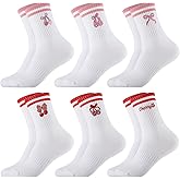 Jspupifip 6 Pairs Cute Cherry Crew Socks for Women Girls White Striped Crew Socks Funny Fruit Cotton Sock for Athletic Sports Running Casual Sock