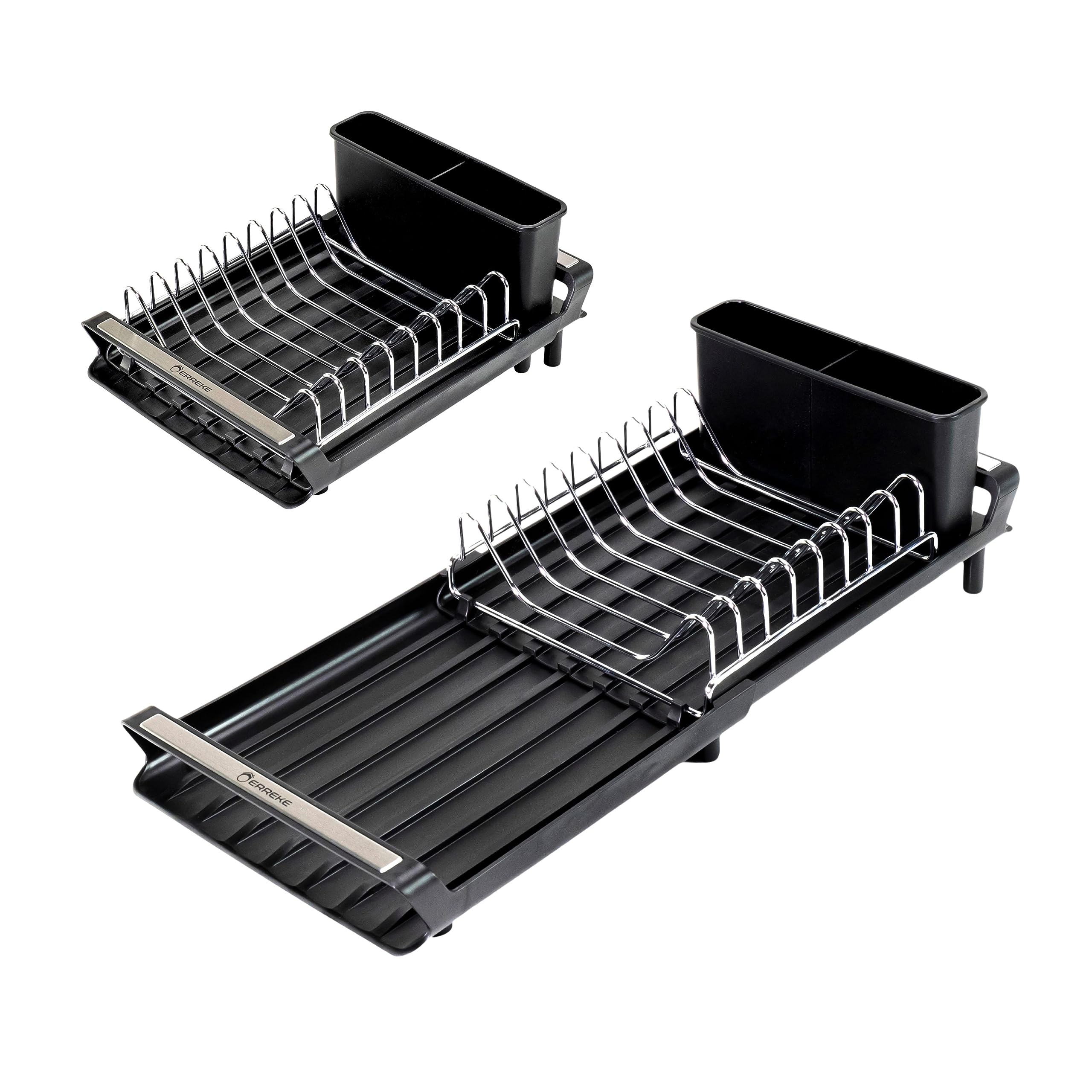 Erreke Sink Drainer Rack, Black Dish Drainer, Extendable Dish Drying Rack, Spout Drains into Sink, Protective Tips, Non-Slip Feet, Cutlery Holder, Small and Compact, Extends from 28 to 47 cm, Black