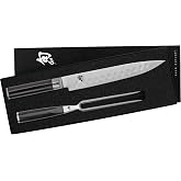 Shun Classic 2 Piece Carving Set | Includes 9" Classic HG Slicing Knife &amp; Carving Fork, VG-MAX Core, Damascus Stainless Steel Cladding, Pakkawood Handle