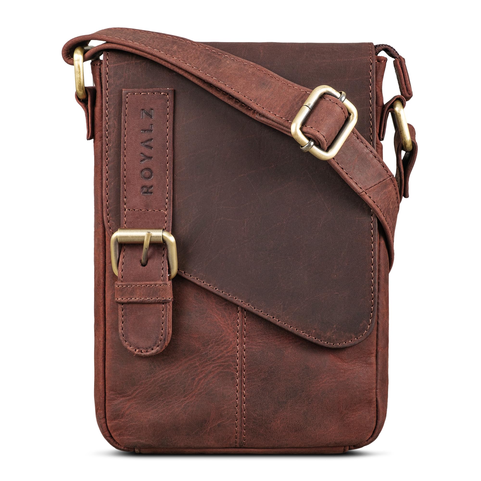 ROYALZ 'Louisiana' Leder Umhängetasche Klein für Männer Herren Ledertasche Mini Seitentasche Vintage Look Tasche zum Umhängen, Farbe:Ohio Braun